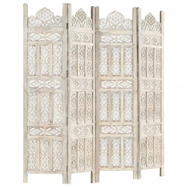 Hand Carved 4-panel Room Divider White 160x165 Cm Solid Mango Wood - Classic Style Image 6