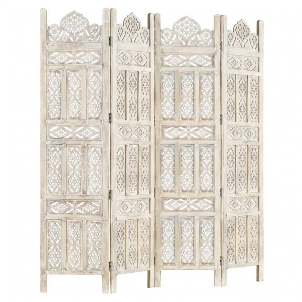 Hand Carved 4-panel Room Divider White 160x165 Cm Solid Mango Wood - Classic Style Image 7