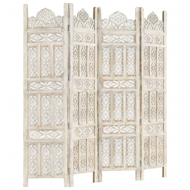 Hand Carved 4-panel Room Divider White 160x165 Cm Solid Mango Wood - Classic Style Image 8