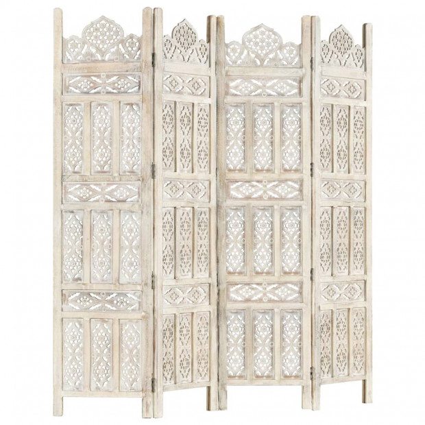 Hand Carved 4-panel Room Divider White 160x165 Cm Solid Mango Wood - Classic Style Image 9