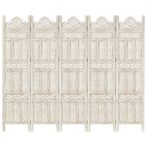 Hand Carved 5-panel Room Divider White 200x165 Cm Solid Mango Wood