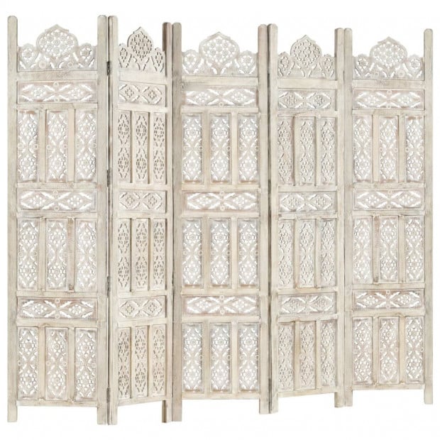 Hand Carved 5-panel Room Divider White 200x165 Cm Solid Mango Wood Image 5