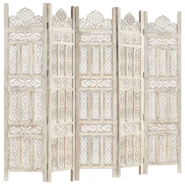 Hand Carved 5-panel Room Divider White 200x165 Cm Solid Mango Wood Image 6