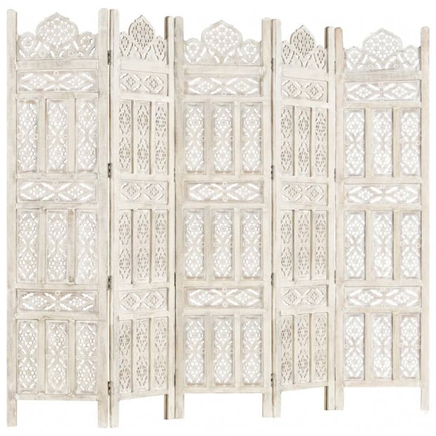 Hand Carved 5-panel Room Divider White 200x165 Cm Solid Mango Wood Image 7
