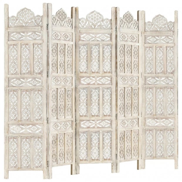 Hand Carved 5-panel Room Divider White 200x165 Cm Solid Mango Wood Image 8
