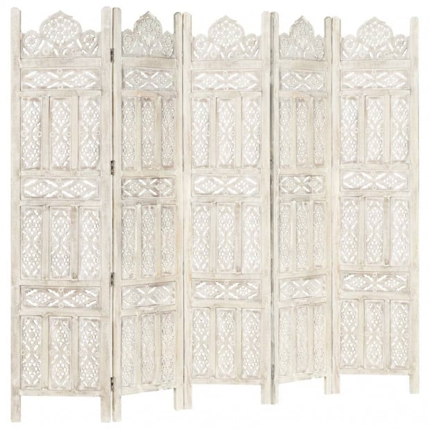 Hand Carved 5-panel Room Divider White 200x165 Cm Solid Mango Wood Image 9