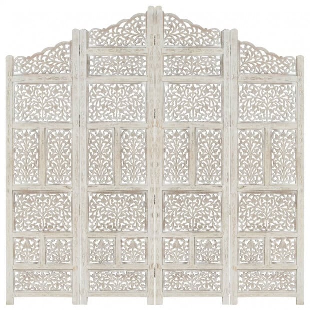 Hand Carved 4-panel Room Divider White 160x165 Cm Solid Mango Wood