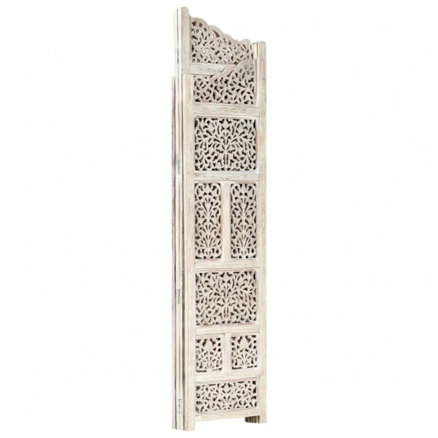 Hand Carved 4-panel Room Divider White 160x165 Cm Solid Mango Wood Image 2