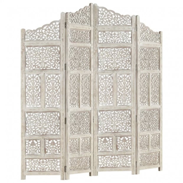 Hand Carved 4-panel Room Divider White 160x165 Cm Solid Mango Wood Image 7