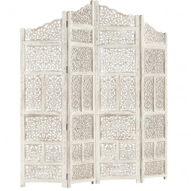 Hand Carved 4-panel Room Divider White 160x165 Cm Solid Mango Wood Image 9