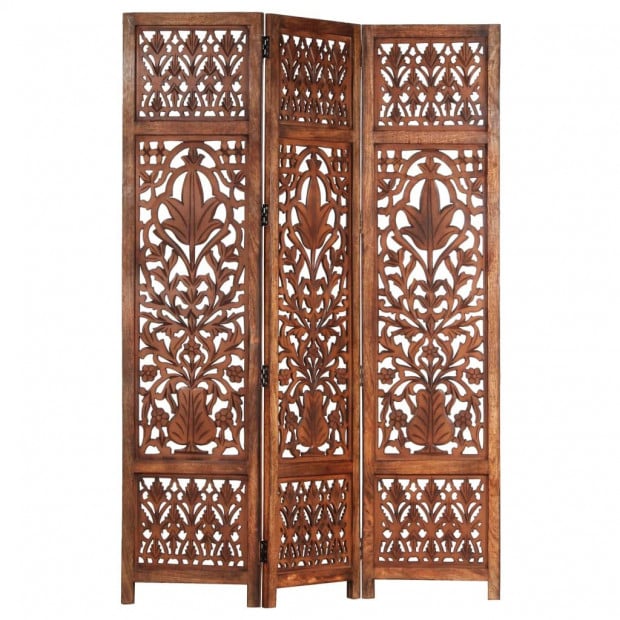 Hand Carved 3-panel Room Divider Brown 120x165 Cm Solid Mango Wood - Leaf