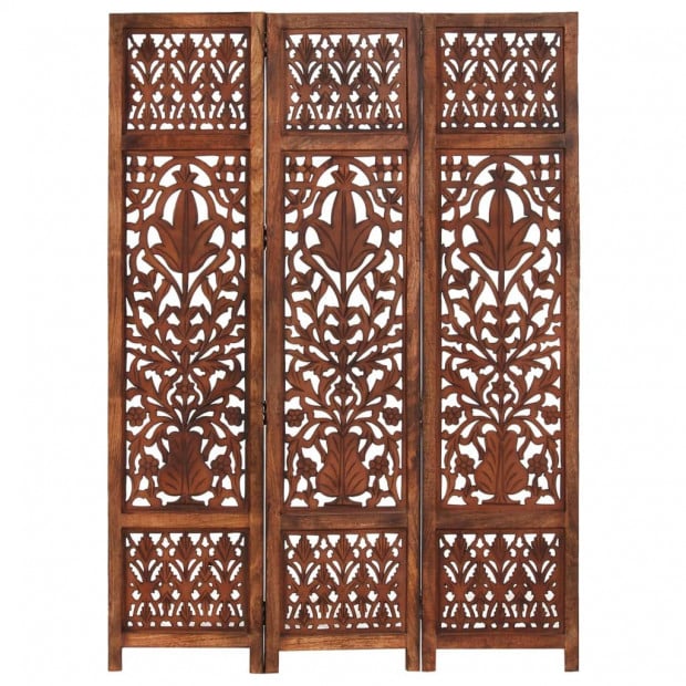 Hand Carved 3-panel Room Divider Brown 120x165 Cm Solid Mango Wood - Leaf Image 2