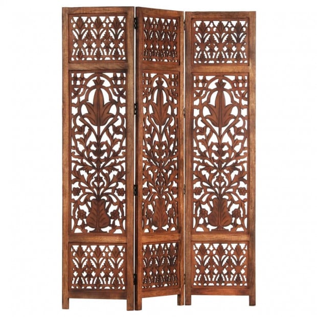 Hand Carved 3-panel Room Divider Brown 120x165 Cm Solid Mango Wood - Leaf Image 6
