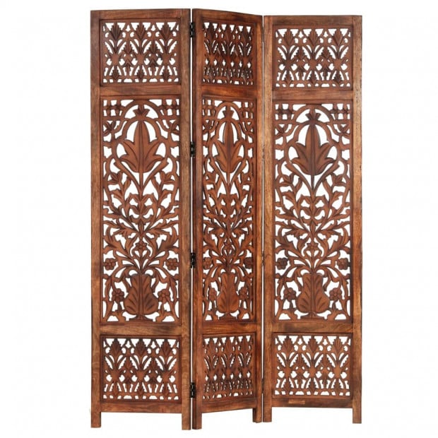 Hand Carved 3-panel Room Divider Brown 120x165 Cm Solid Mango Wood - Leaf Image 7