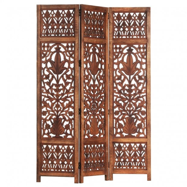 Hand Carved 3-panel Room Divider Brown 120x165 Cm Solid Mango Wood - Leaf Image 8