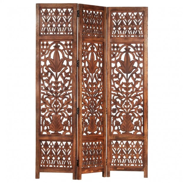 Hand Carved 3-panel Room Divider Brown 120x165 Cm Solid Mango Wood - Leaf Image 9