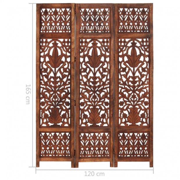 Hand Carved 3-panel Room Divider Brown 120x165 Cm Solid Mango Wood - Leaf Image 10