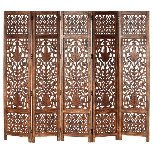 Hand Carved 5-panel Room Divider Brown 200x165 Cm Image 2