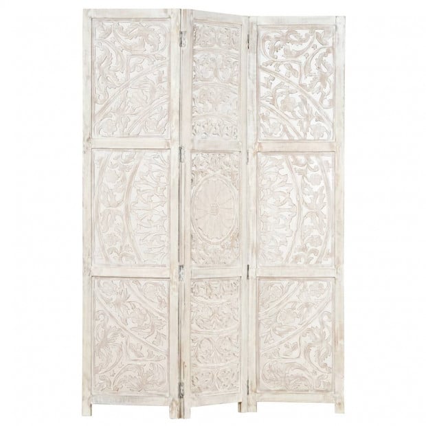 Hand Carved 3-panel Room Divider White 120x165 Cm Solid Mango Wood