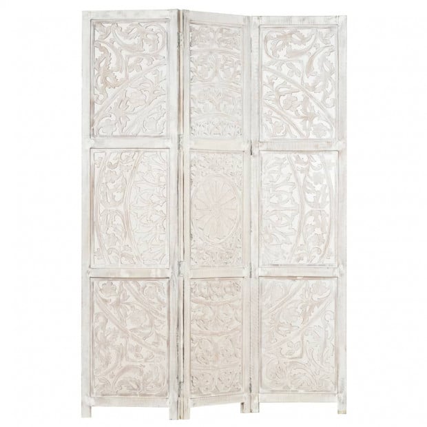 Hand Carved 3-panel Room Divider White 120x165 Cm Solid Mango Wood Image 5