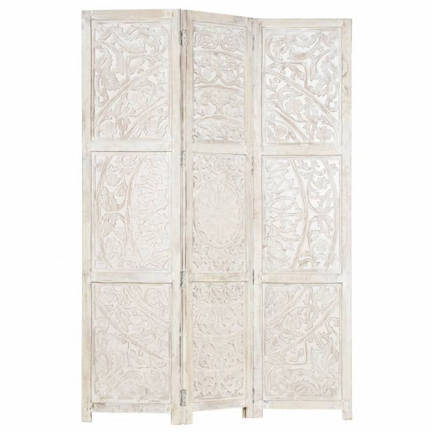 Hand Carved 3-panel Room Divider White 120x165 Cm Solid Mango Wood Image 6