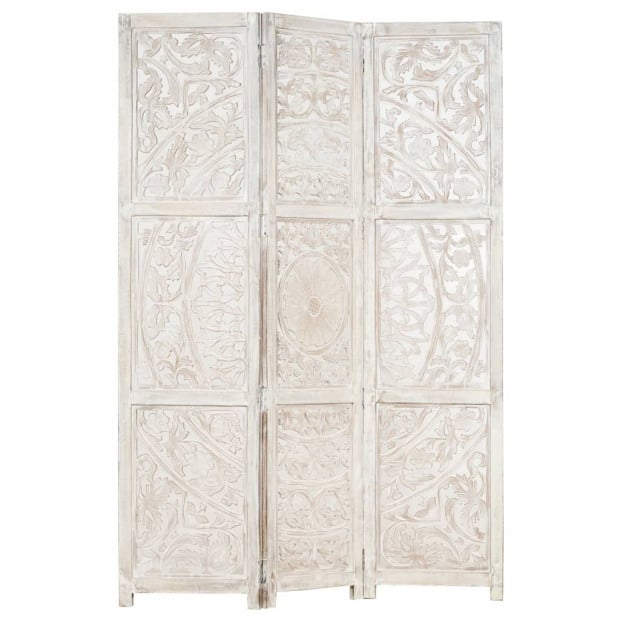 Hand Carved 3-panel Room Divider White 120x165 Cm Solid Mango Wood Image 7