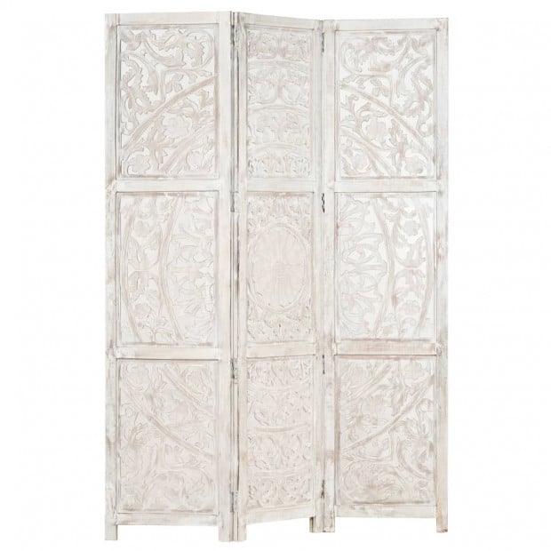 Hand Carved 3-panel Room Divider White 120x165 Cm Solid Mango Wood Image 8