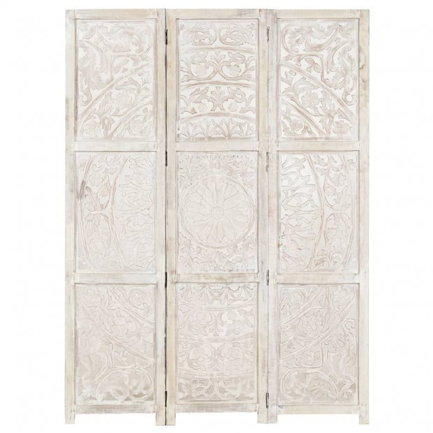 Hand Carved 3-panel Room Divider White 120x165 Cm Solid Mango Wood Image 9