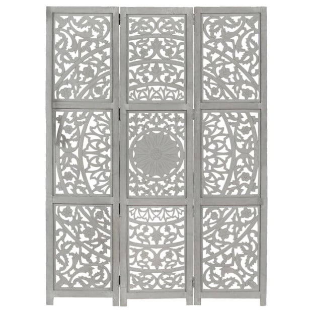 Hand Carved 3-panel Room Divider Grey 120x165 Cm Solid Mango Wood Image 5