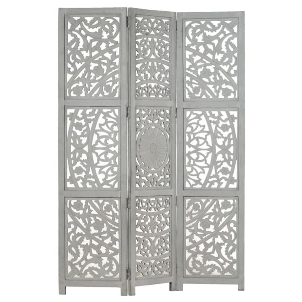 Hand Carved 3-panel Room Divider Grey 120x165 Cm Solid Mango Wood Image 6