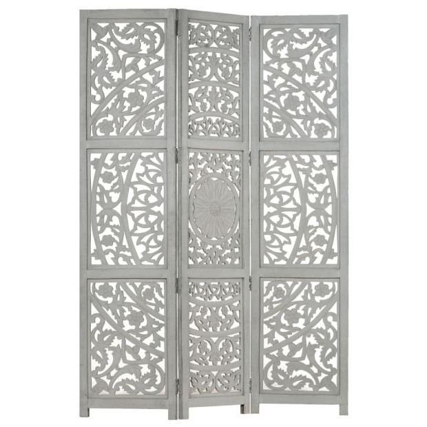 Hand Carved 3-panel Room Divider Grey 120x165 Cm Solid Mango Wood Image 7