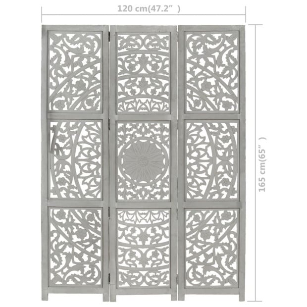 Hand Carved 3-panel Room Divider Grey 120x165 Cm Solid Mango Wood Image 10