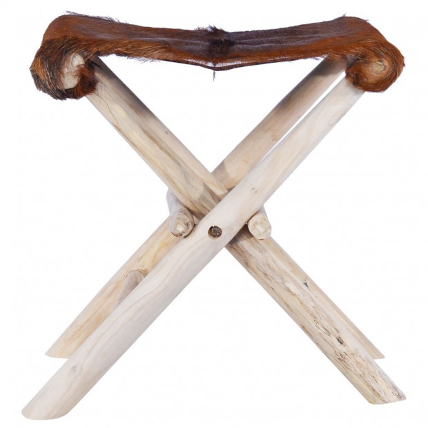 Folding Stool Real Leather And Solid Teak Wood Image 2