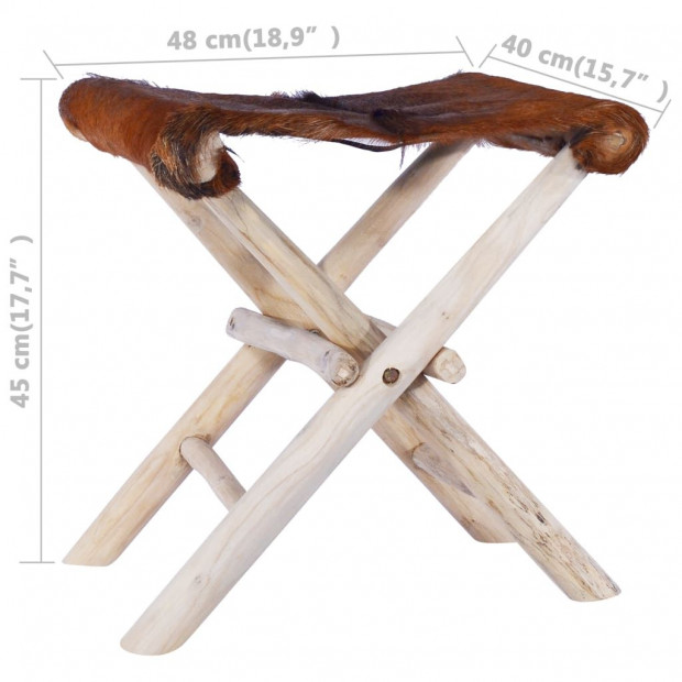 Folding Stool Real Leather And Solid Teak Wood Image 4
