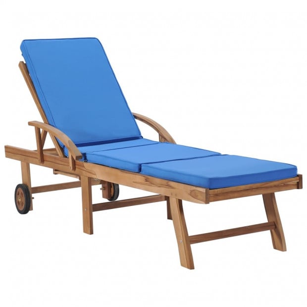 Sun Loungers With Cushions 2 Pcs Solid Teak Wood Blue Image 2