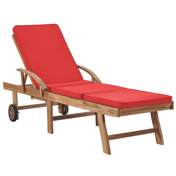 Sun Loungers With Cushions 2 Pcs Solid Teak Wood Red Image 2