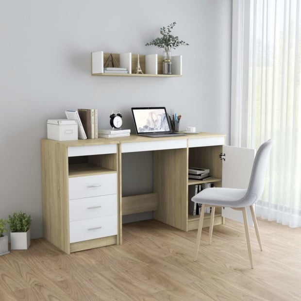 Desk White And Sonoma Oak 140x50x76 Cm Chipboard Image 3