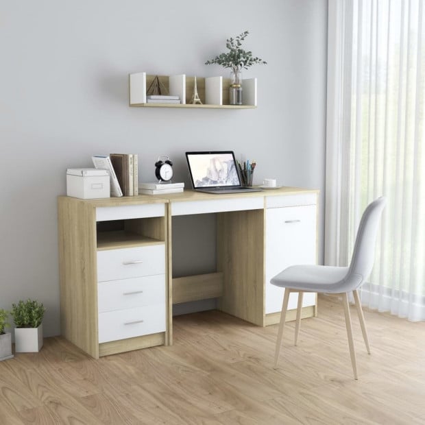 Desk White And Sonoma Oak 140x50x76 Cm Chipboard Image 2