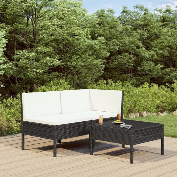 3 Piece Garden Lounge Set Black With Cushions Poly Rattan Cream White