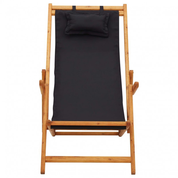 Folding Beach Chair Solid Eucalyptus Wood And Fabric Black Image 2
