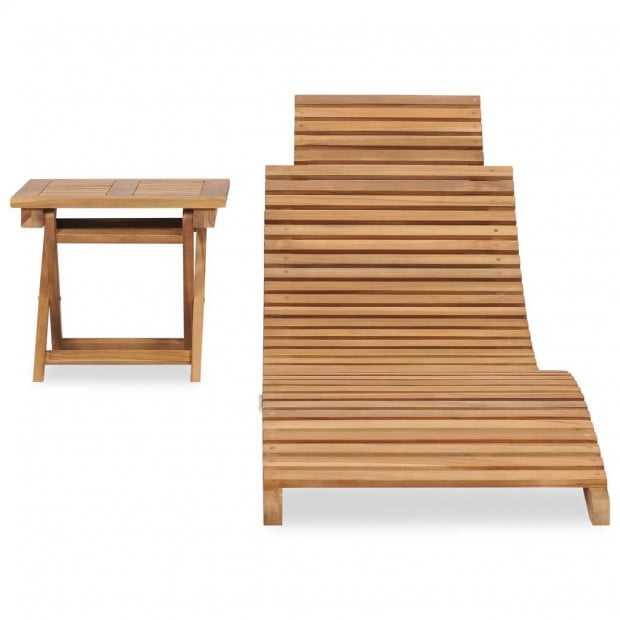 Folding Sun Lounger With Table Solid Teak Wood Image 2