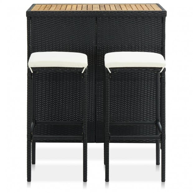 3 Piece Bar Set Poly Rattan Black - Solid Acacia Wood with Oil Finish Image 3