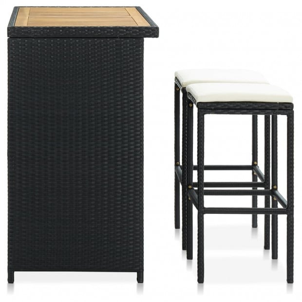3 Piece Bar Set Poly Rattan Black - Solid Acacia Wood with Oil Finish Image 4