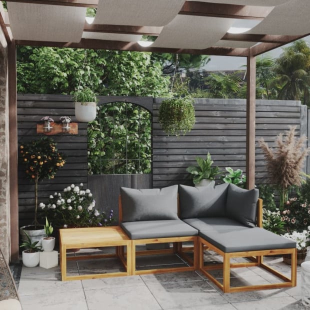 4 Piece Garden Lounge Set w/ Cushion Solid Acacia Wood Grey Image 2