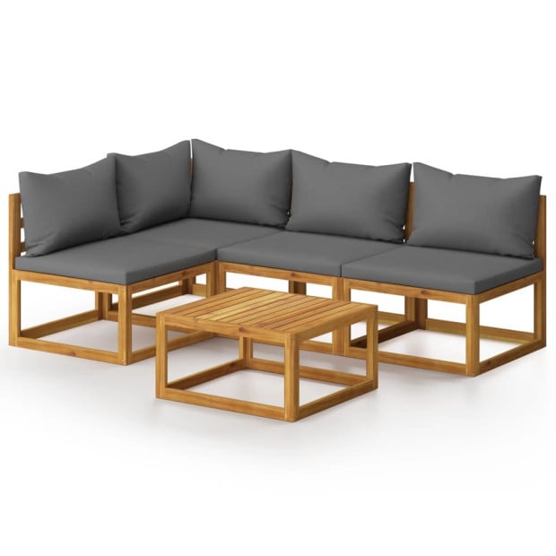 5 Piece Solid Acacia Wood Garden Lounge Set w/ Grey Cushions