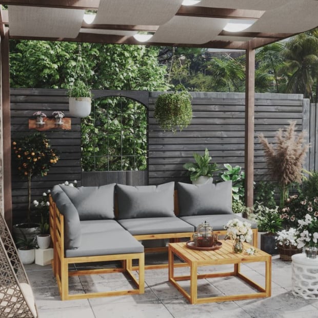 5 Piece Solid Acacia Wood Garden Lounge Set w/ Grey Cushions Image 2