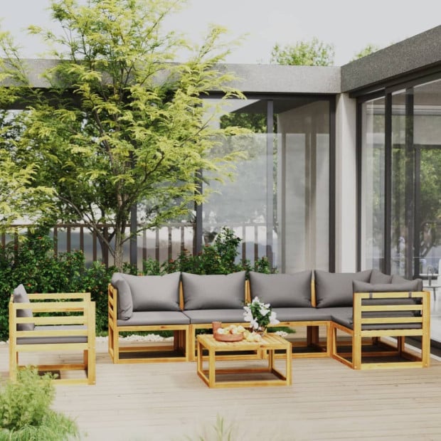 7 Piece Solid Acacia Wood Garden Lounge Set w/ Grey Cushions Image 2