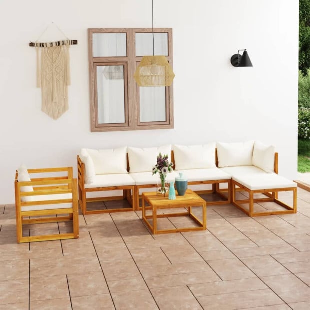 7 Piece Garden Lounge Set With Cushion Cream Solid Acacia Wood Image 2