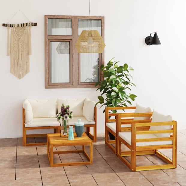 5 Piece Garden Lounge Set With Cushion Cream Solid Wood Image 2