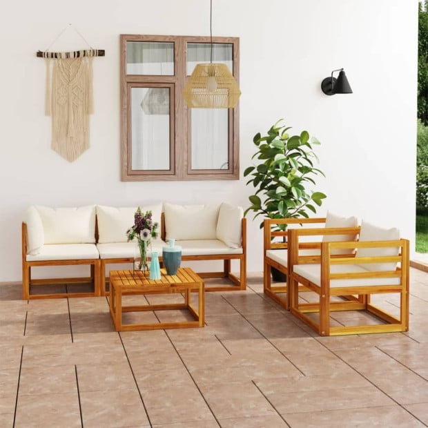 6 Piece Garden Lounge Set With 9 Back Cushions Solid Wood - Cream Image 2
